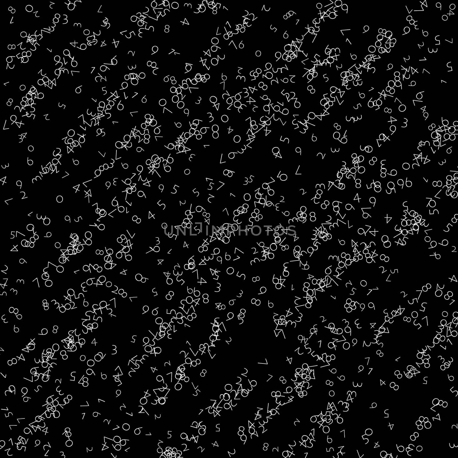 Falling numbers, big data concept. Binary white chaotic flying digits. Breathtaking futuristic banner on black background. Digital illustration with falling numbers.