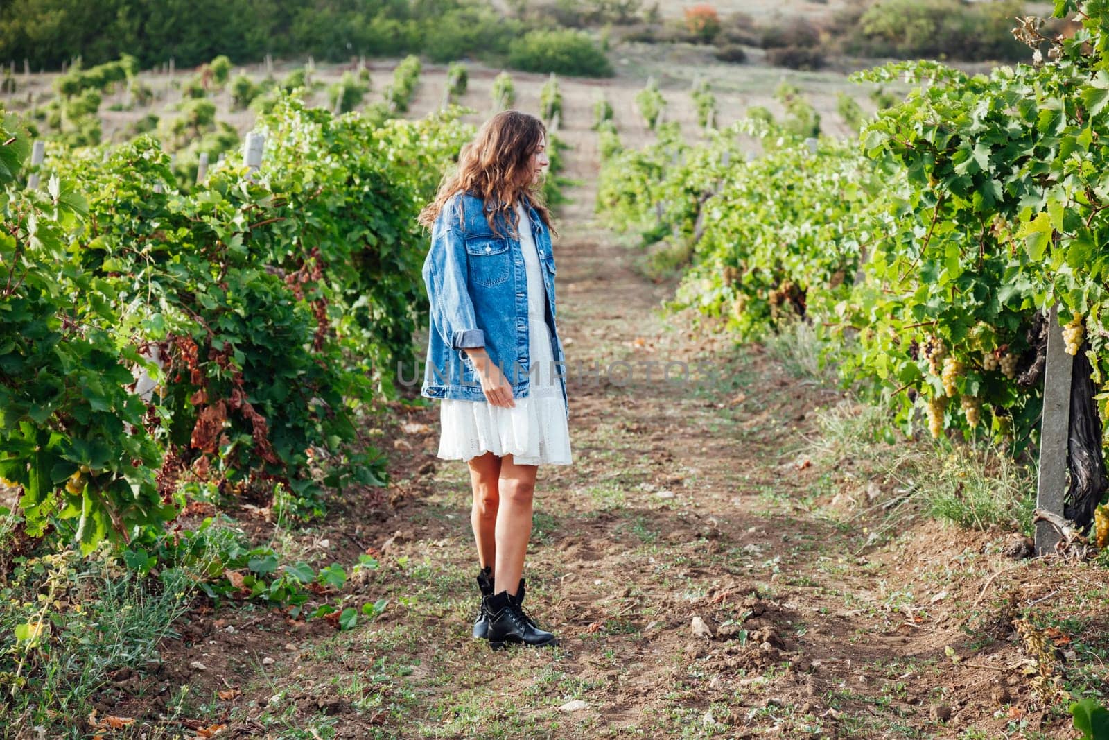 woman in denim clothes in vineyards walk nature