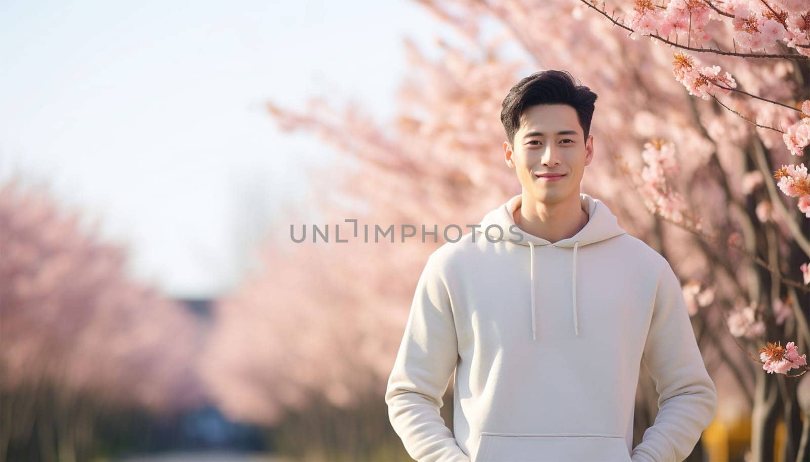 Cheerful handsome Asian male college student in casual clothes on bright day. Happy cheerful guy having fun Gen Z teenagers portrait