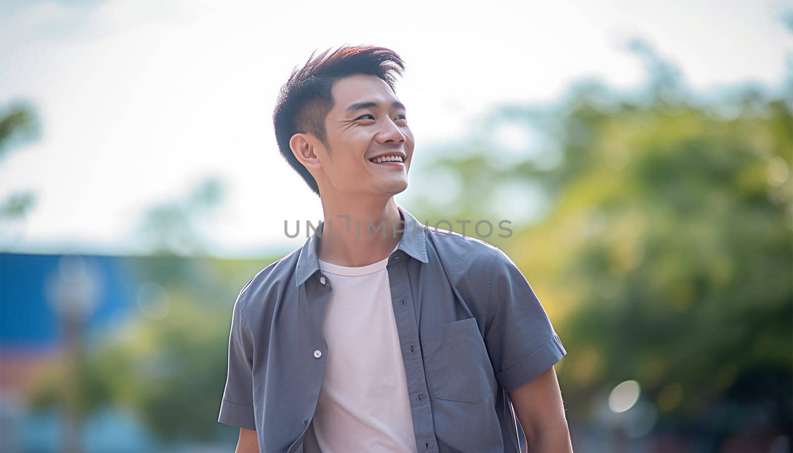 Cheerful handsome Asian male college student in casual clothes on bright day. Happy cheerful guy having fun Gen Z teenagers portrait