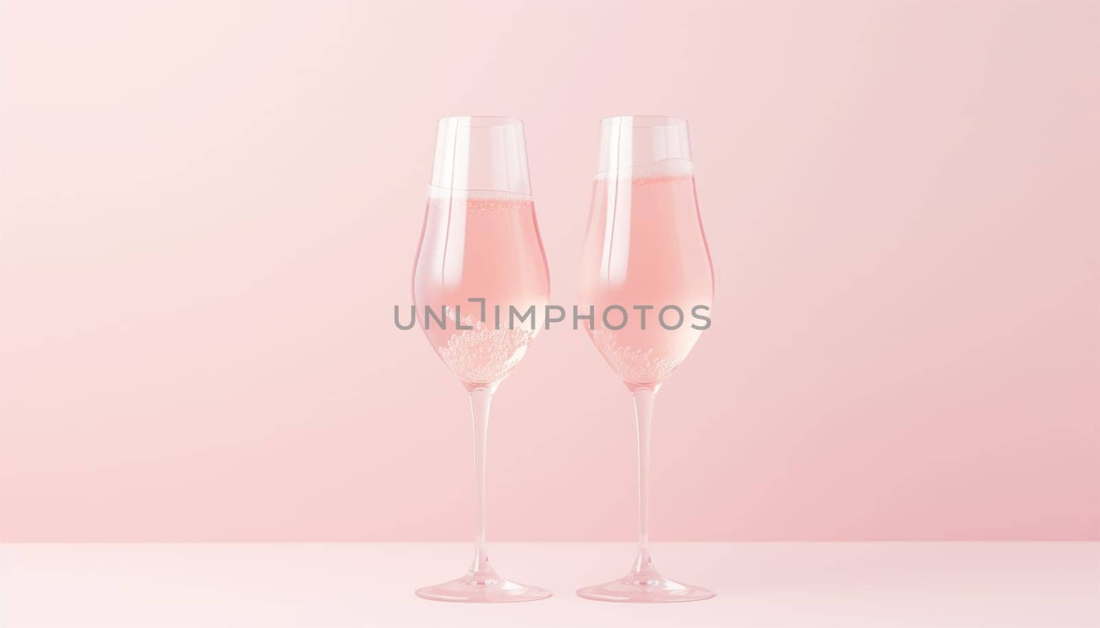 Two pink champagne glasses on a two tone pastel background. Celebration minimal concept copy space. Golden festive background. minimalism,romantic style by Annebel146