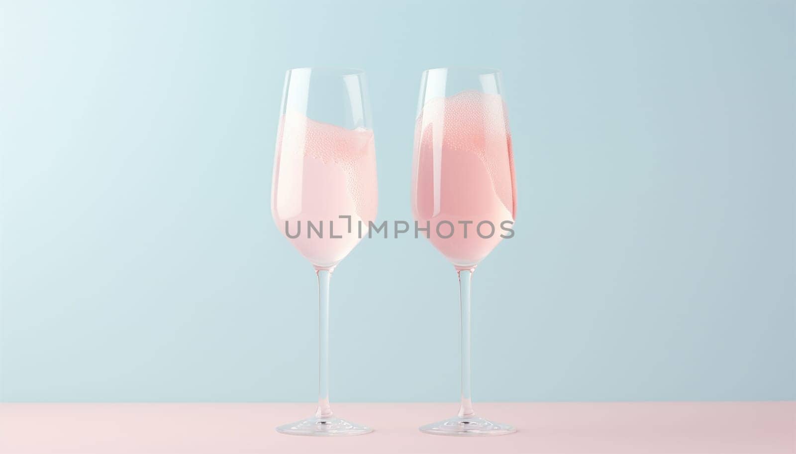 Two pink champagne glasses on a two tone pastel background. Celebration minimal concept copy space. Golden festive background. minimalism,romantic style by Annebel146