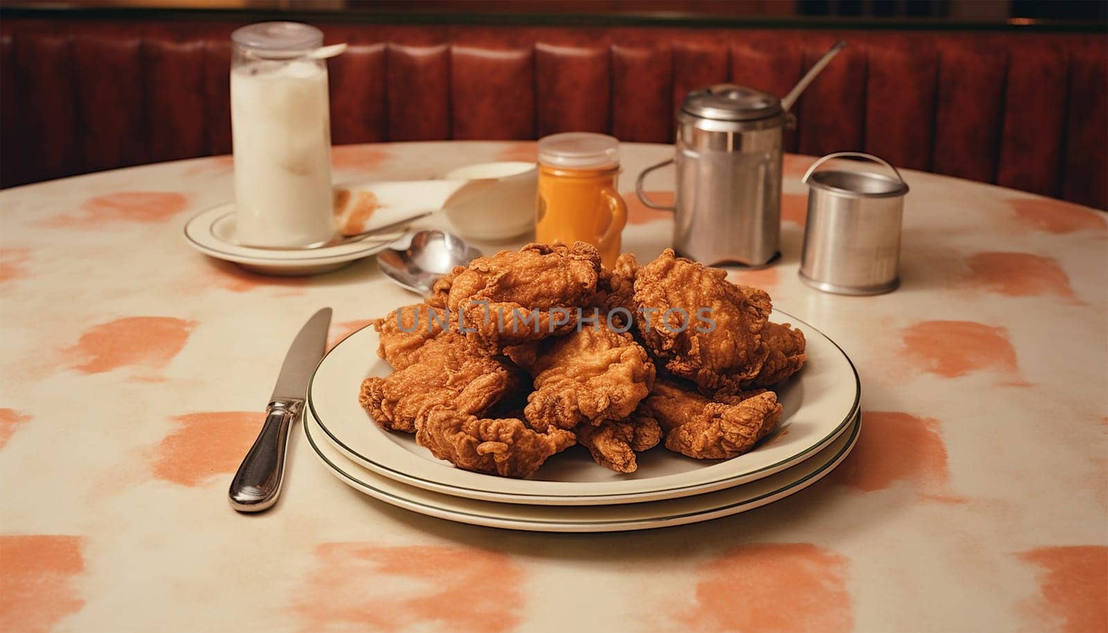 Fried chicken on plate in retro diner vintage design. Roasted chicken drumsticks in restaurant. Fast food concept by Annebel146