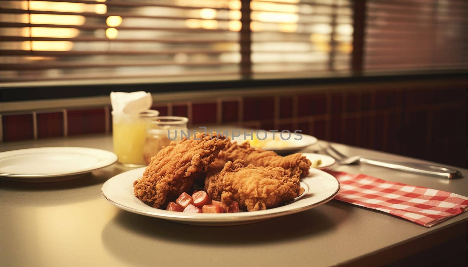 Fried chicken on plate in retro diner vintage design. Roasted chicken drumsticks in restaurant. Fast food concept by Annebel146
