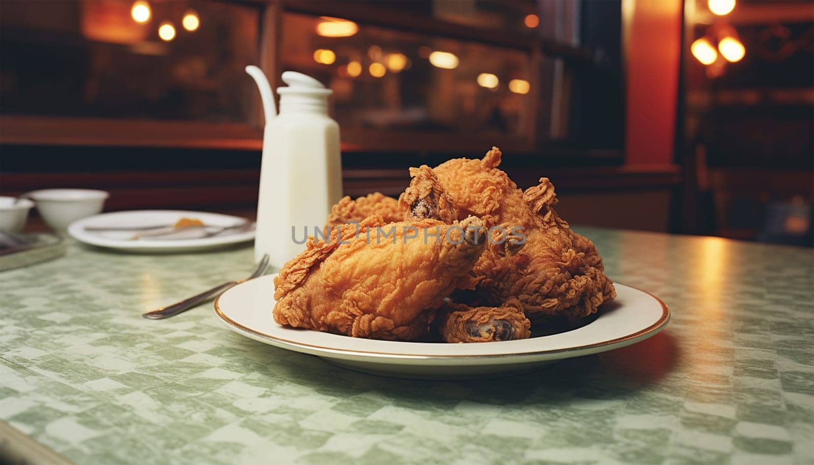 Fried chicken on plate in retro diner vintage design. Roasted chicken drumsticks in restaurant. Fast food concept american