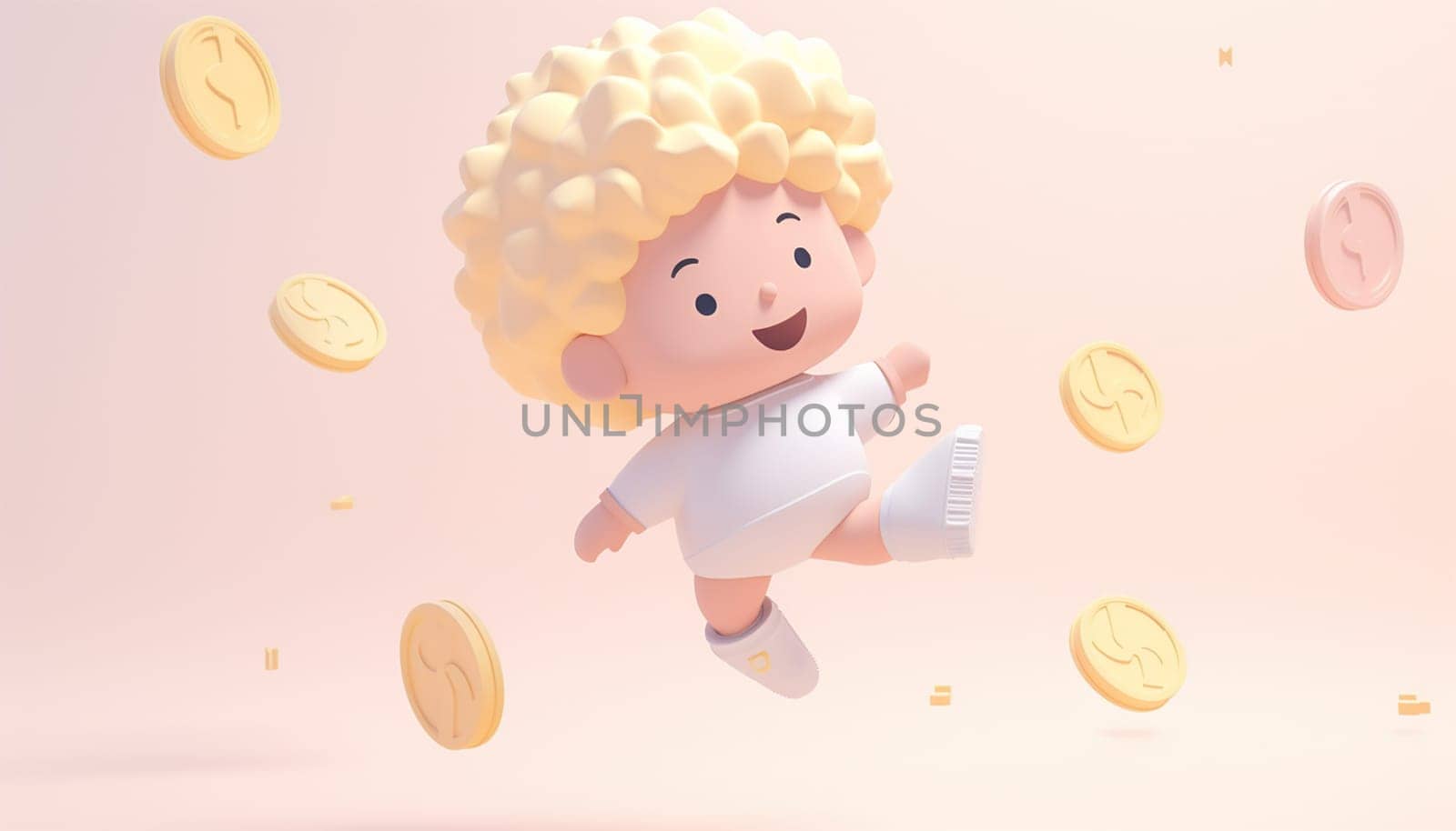 Boy jumping with money coins 3D animation. Busy kids entrepreneurs work with money illustration. Cartoon cute boy happy with coins, pastel colored pink background. Concept saving,earning money by Annebel146