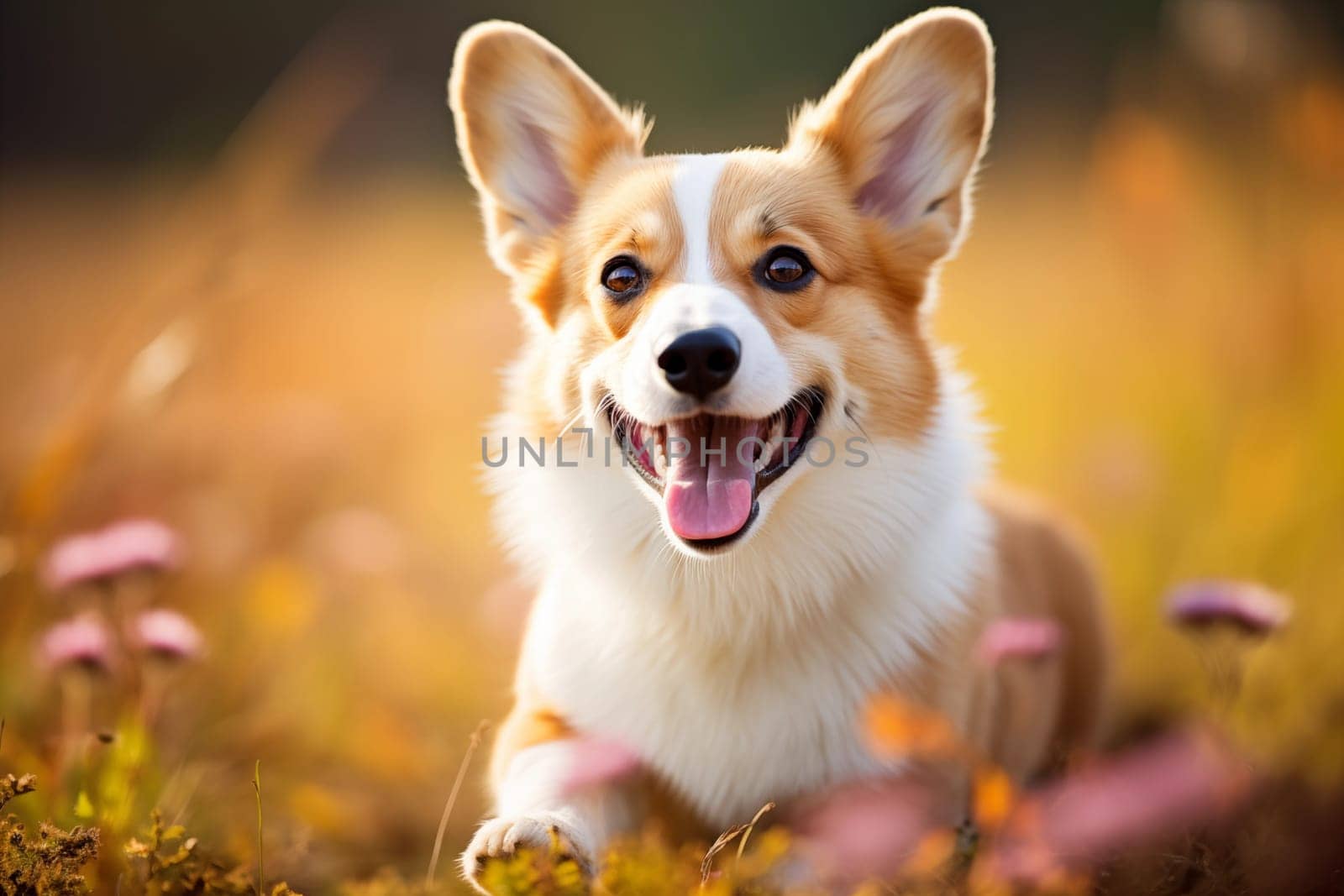 Corgi dog lies and smiles. Corgi dog smiling portrait pembroke welsh corgi walking outdoor in summer park.