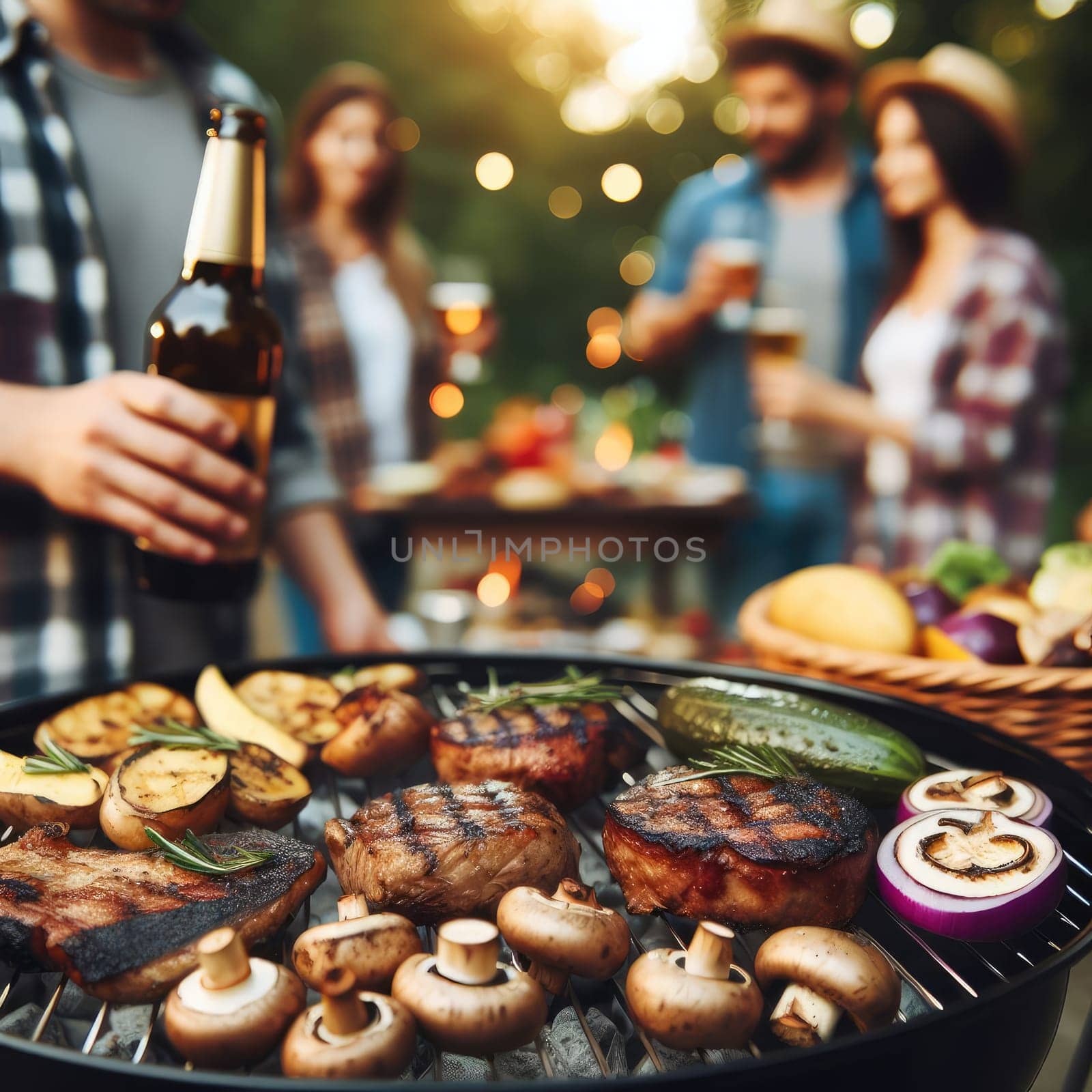 Photo of barbecue grill with tasty food meat potatoes mushrooms eggplant. On blurred background groups of friends.