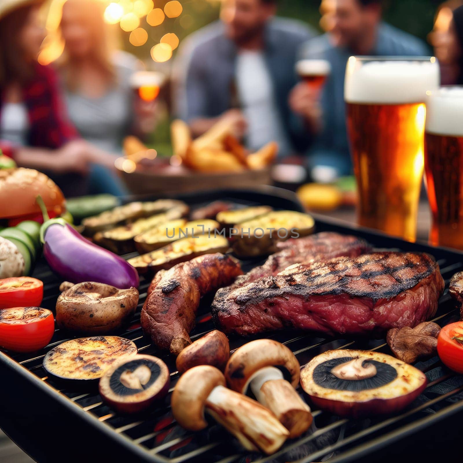 Photo of barbecue grill with tasty food meat potatoes mushrooms eggplant. On blurred background groups of friends by Kobysh