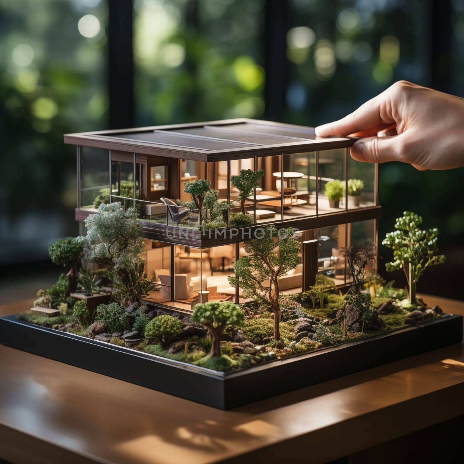 A realistic wooden modern tiny house with flat roof and big windows all around in a small size. Model of a small modern ecological house with furniture