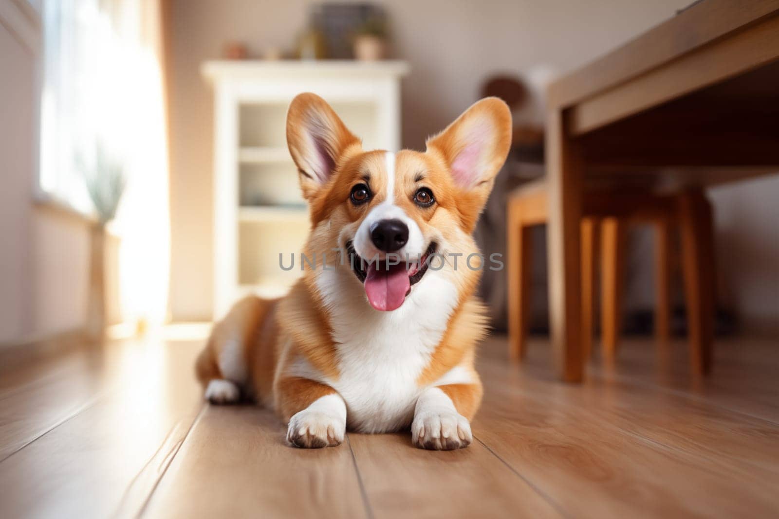 Corgi dog lies at home and smiles. Corgi dog smiling portrait pembroke welsh corgi walking outdoor in summer park.