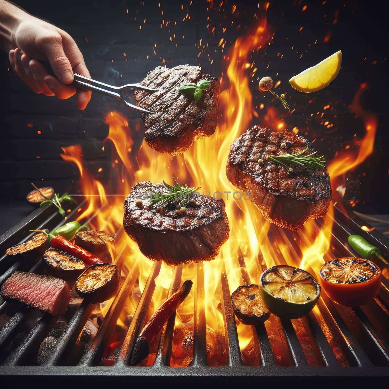 Tasty beef steaks and skewers flying above cast iron grate with fire flames. Freeze motion barbecue concept.