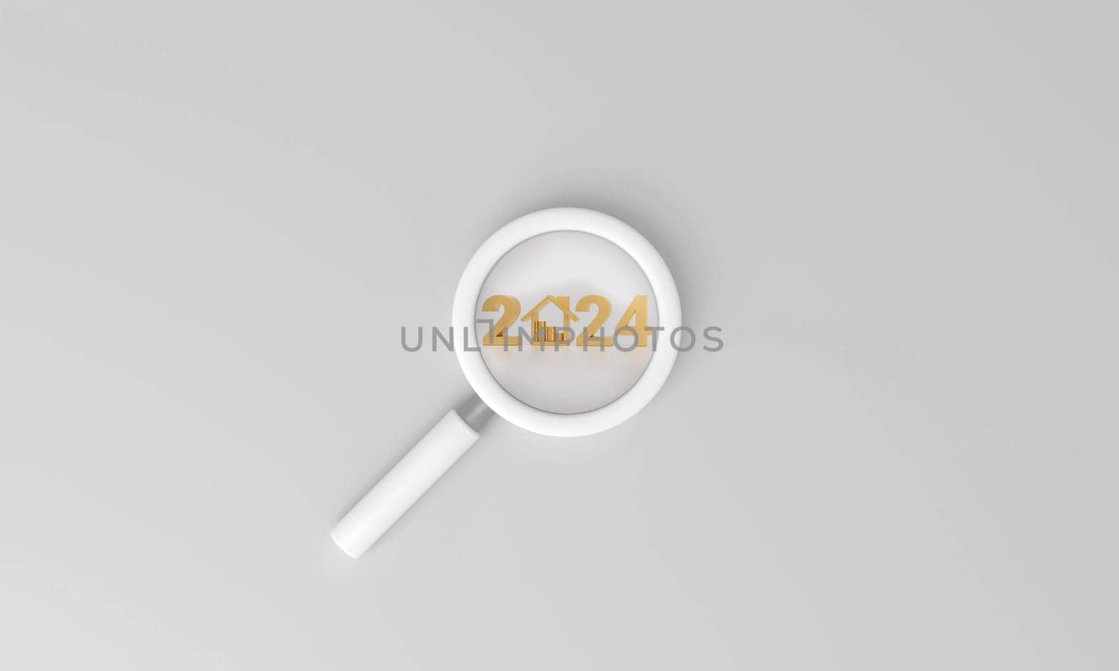 Magnifying glass is looking at golden number 2024 and house icon with Stack. 3D rendering.
