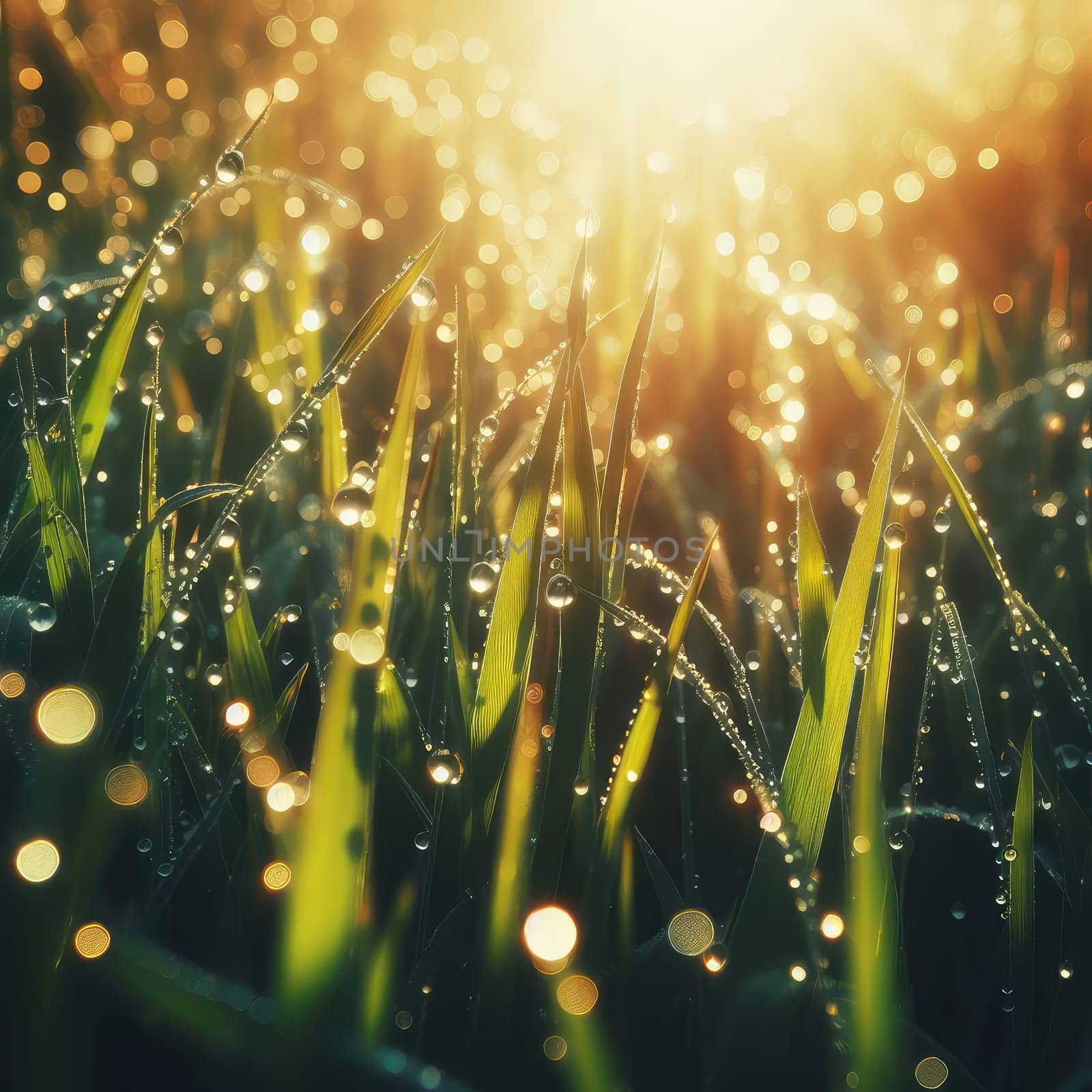 morning dew drops glistening in the sunshine of the grass.