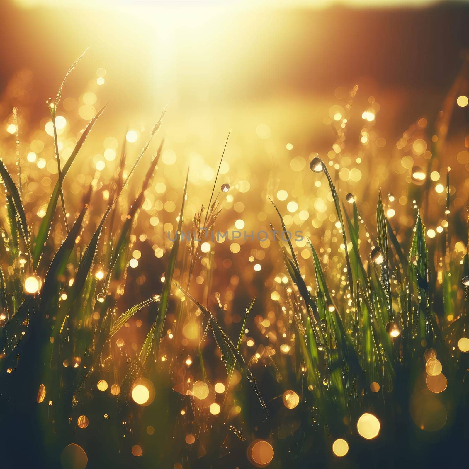 morning dew drops glistening in the sunshine of the grass.