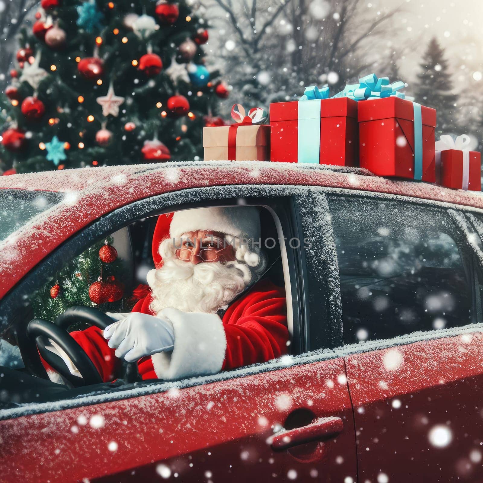 Christmas is coming. Santa Claus on car delivering New Year gifts and Christmas tree.