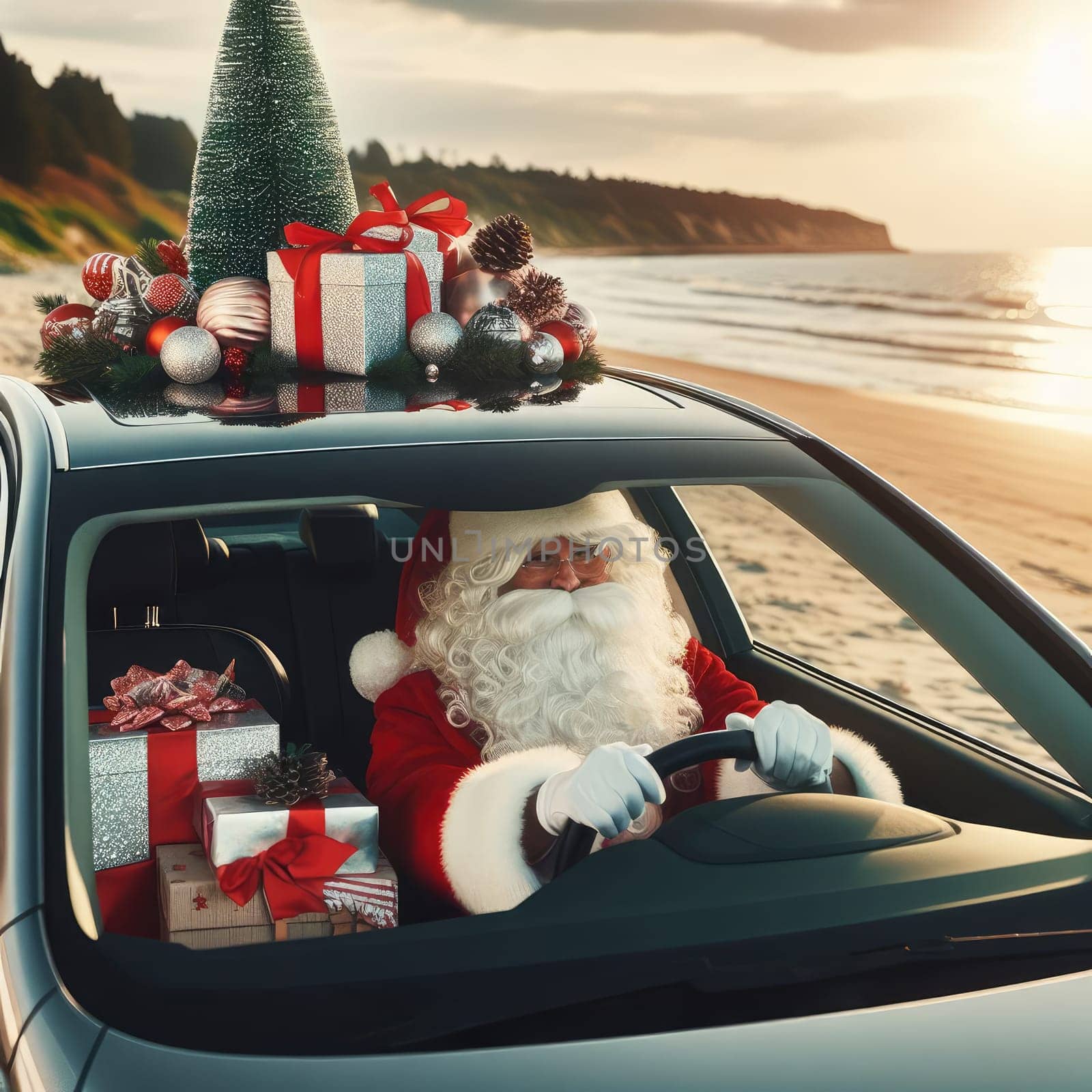 Christmas is coming. Santa Claus on car delivering New Year gifts and Christmas tree.