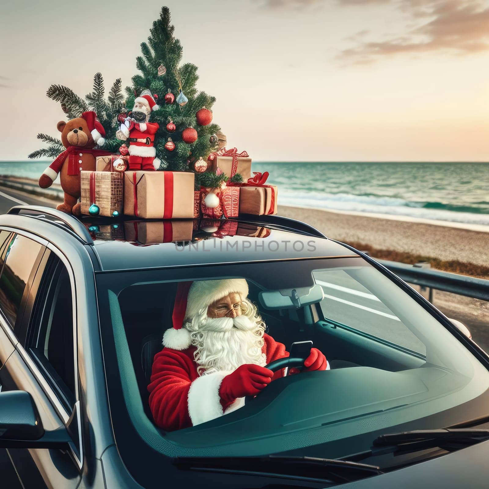 Christmas is coming. Santa Claus on car delivering New Year gifts and Christmas tree.