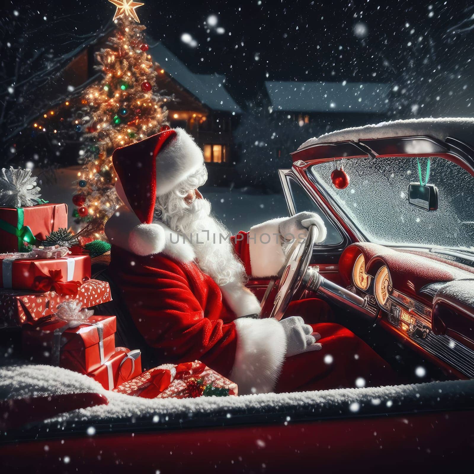 Christmas is coming. Santa Claus on car delivering New Year gifts and Christmas tree.