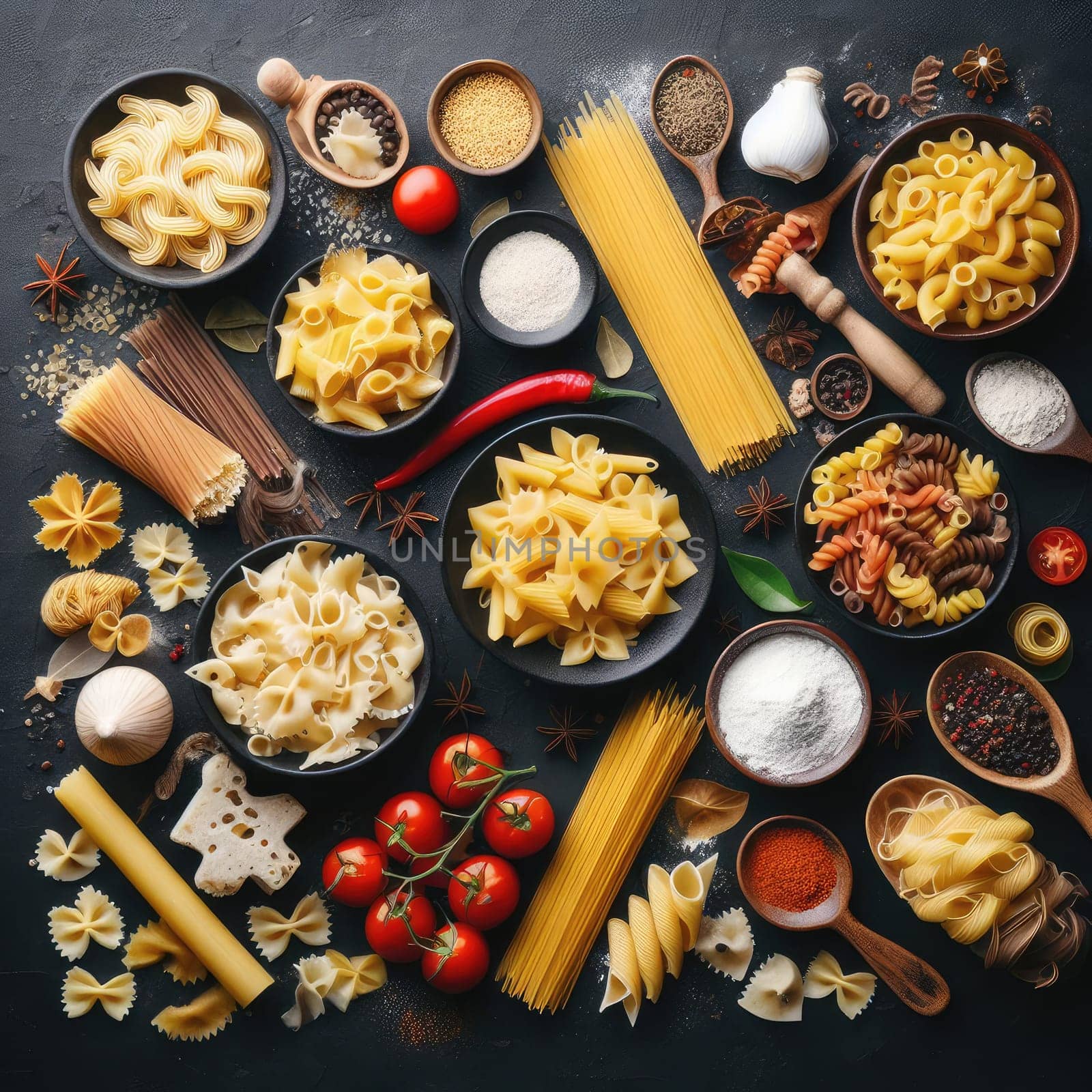 Assorted types of pasta on black background. Top view. Various forms of pasta.