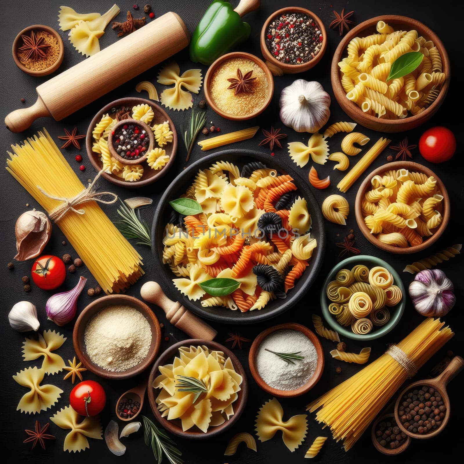 Assorted types of pasta on black background. Top view. Various forms of pasta.