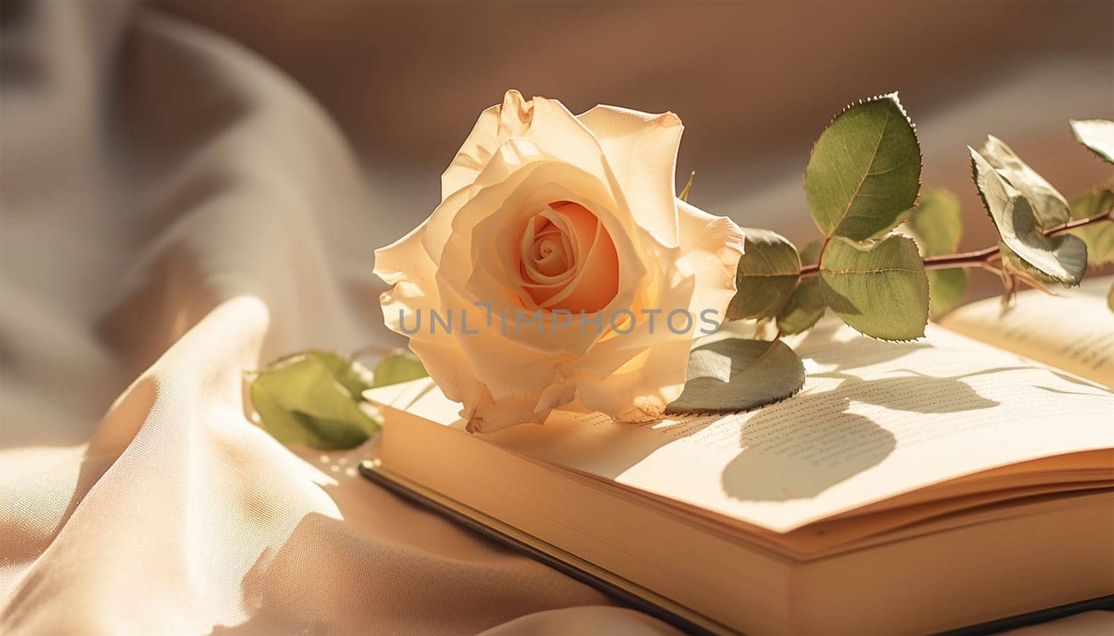 Pink champagne colored rose and vintage book on white satin. Romantic, Valentines design background copy space by Annebel146