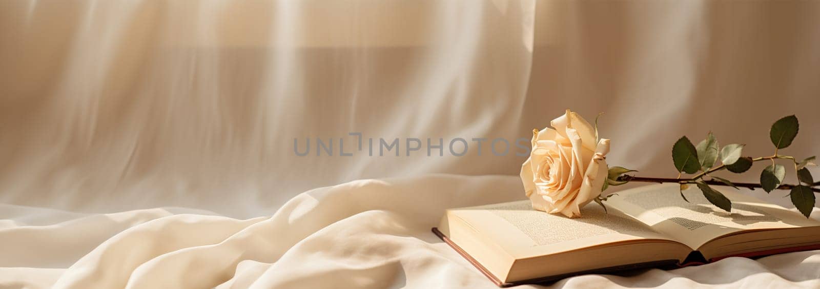 Pink champagne colored rose and vintage book on white satin. Romantic, Valentines design background copy space cute