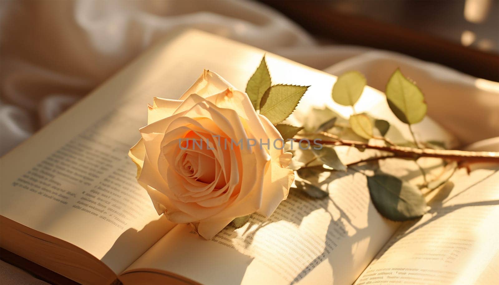 Pink champagne colored rose and vintage book on white satin. Romantic, Valentines design background copy space cute