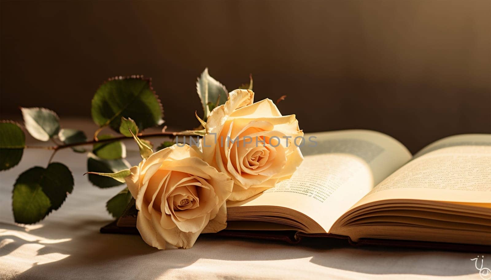 Pink champagne colored rose and vintage book on white satin. Romantic, Valentines design background copy space cute