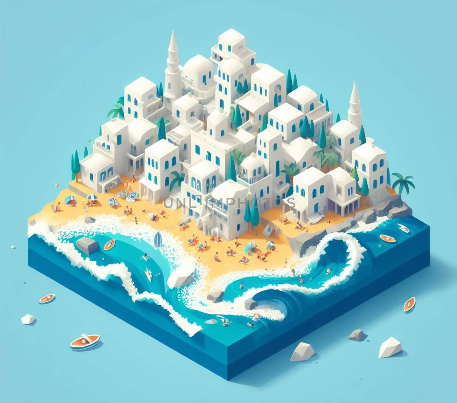 isometric 3d render of a touristic happy colored crowded village at the sea in summertime by verbano