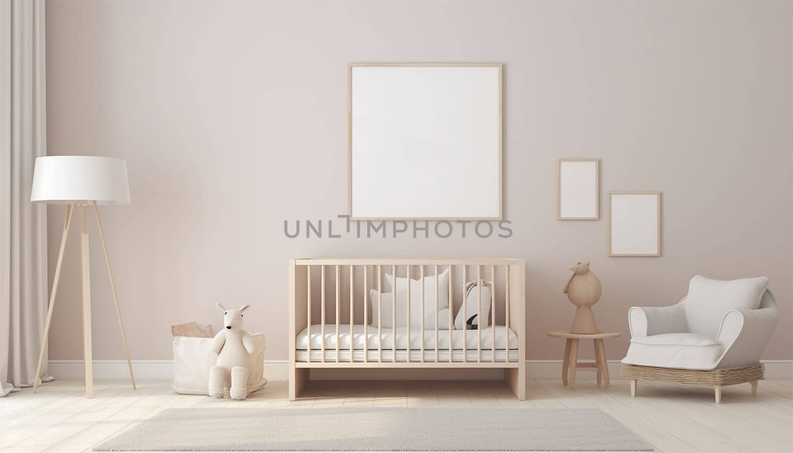 Nursery child's room light brown,nude color,creme interior Mockup wall in the children's room on wall.3D Rendering Bright stylish design cute and cozy by Annebel146