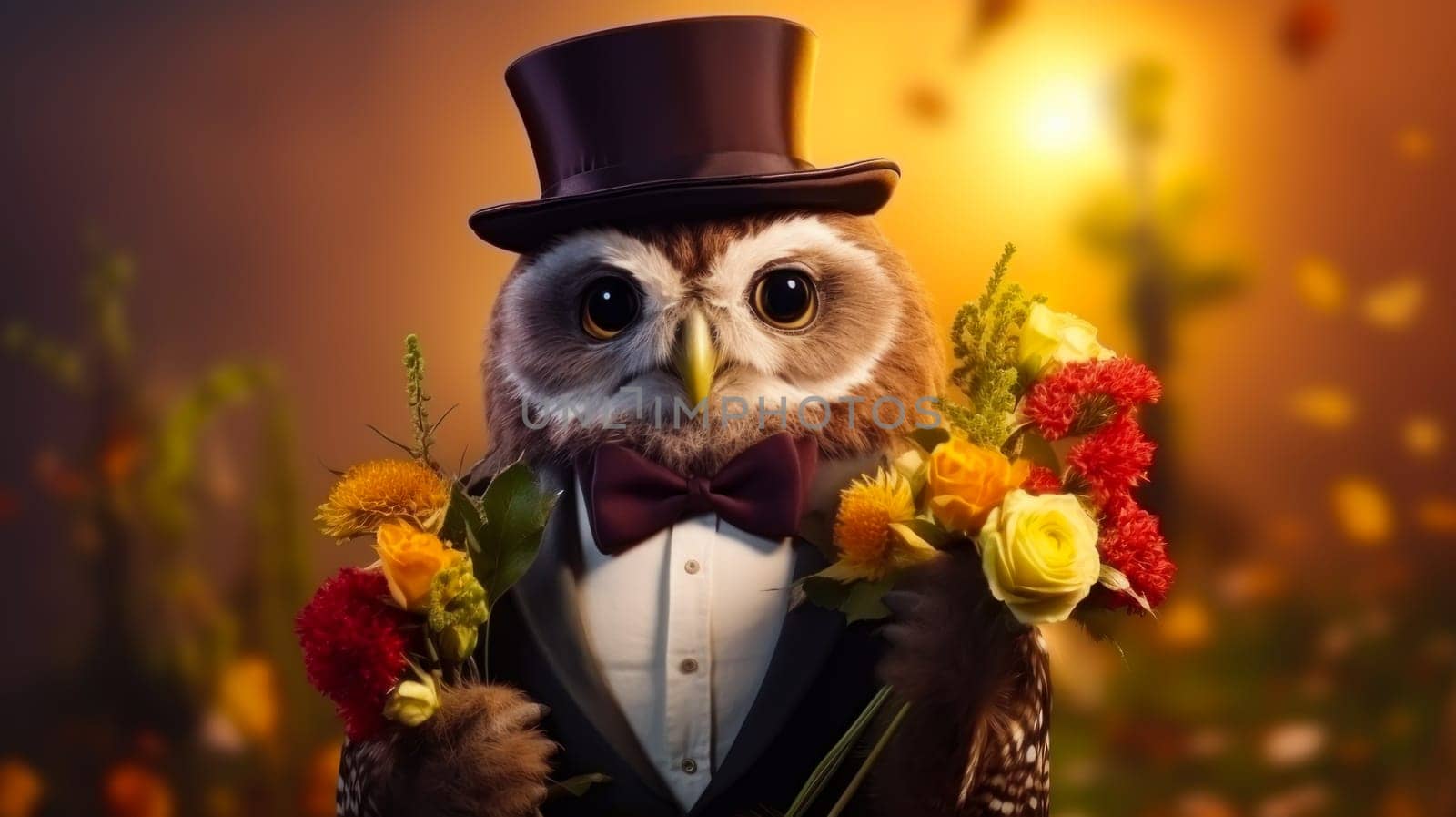 An owl in a top hat and a suit with a large bouquet of flowers. Concept for birthday, holiday, animal protection day, Valentine's day