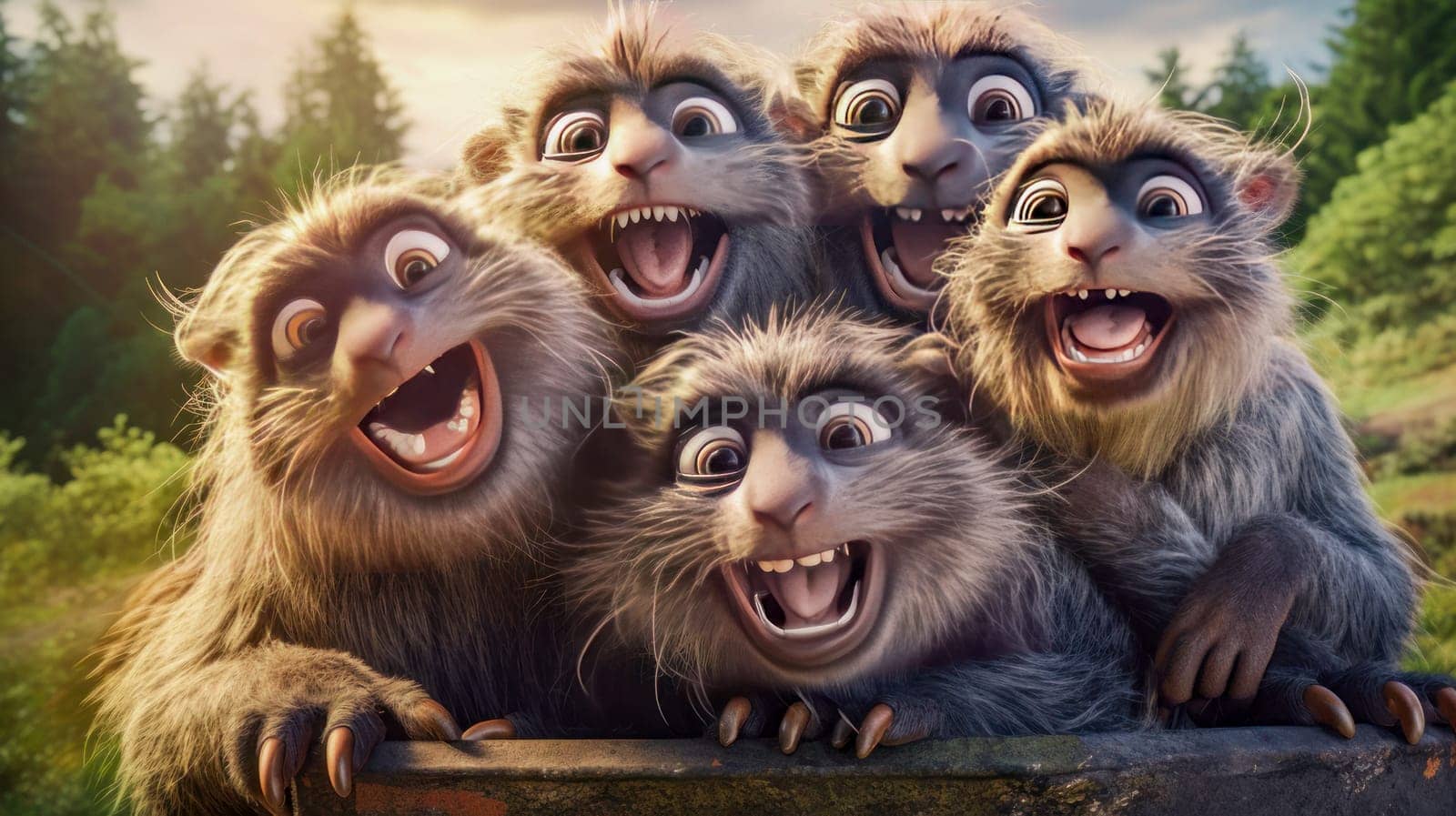 Family of cheerful, cute cartoon macaques or cartoon monkeys. Concept for birthday, holiday, animal protection day, Valentine's day