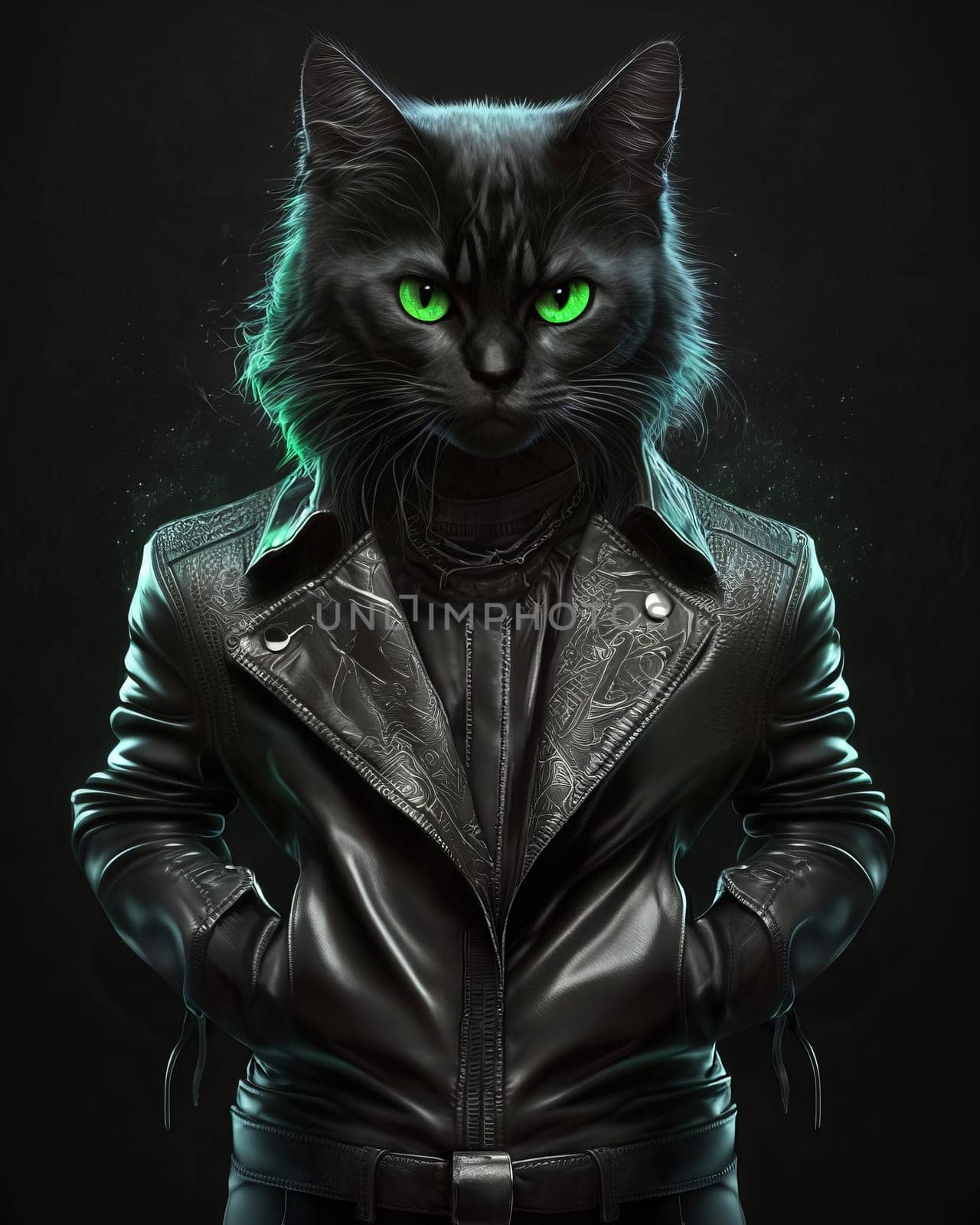 Cat rocker in black leather jacket in 3k