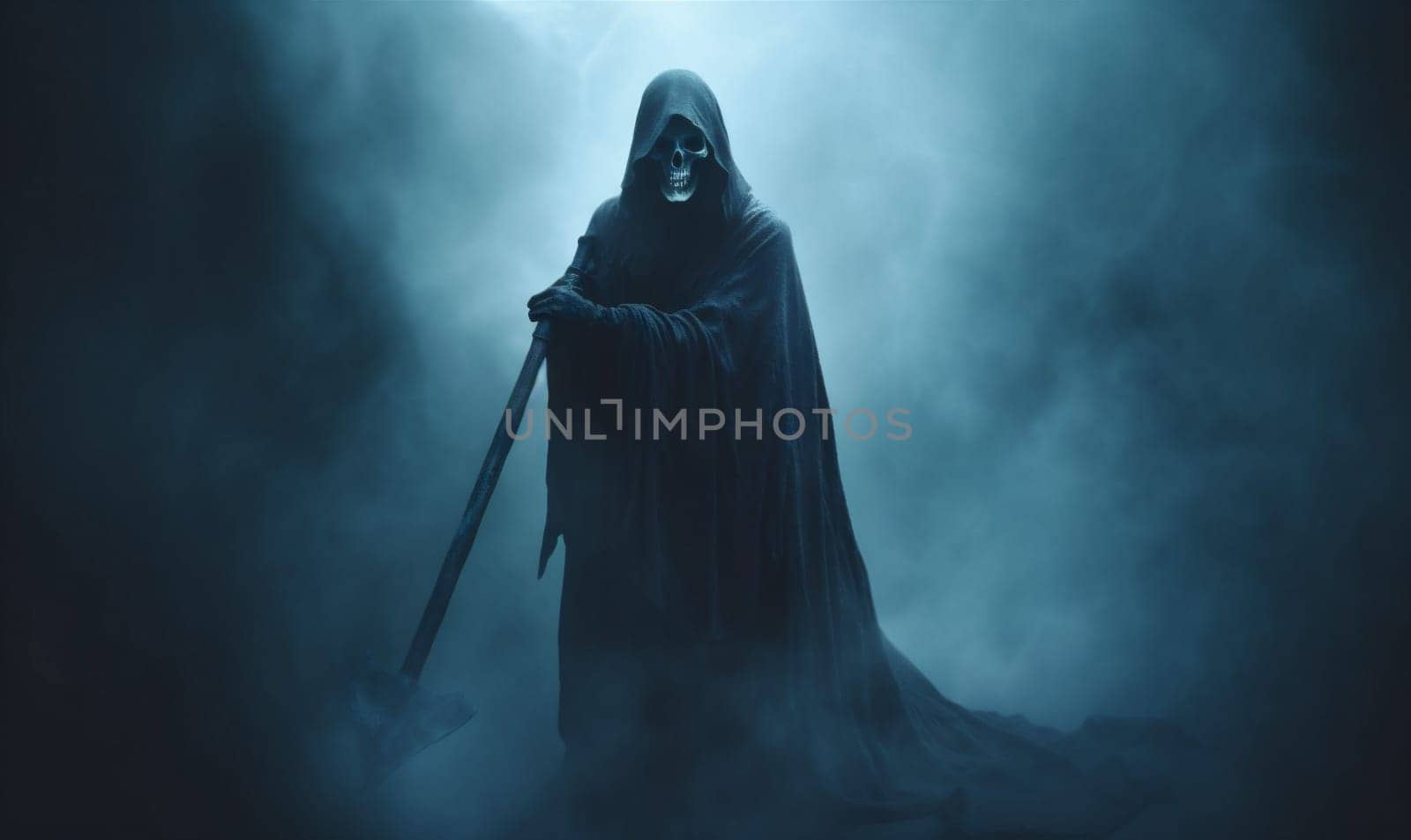 halloween evil hood ghost skeleton night death creepy fear horror. Generative AI. by Vichizh