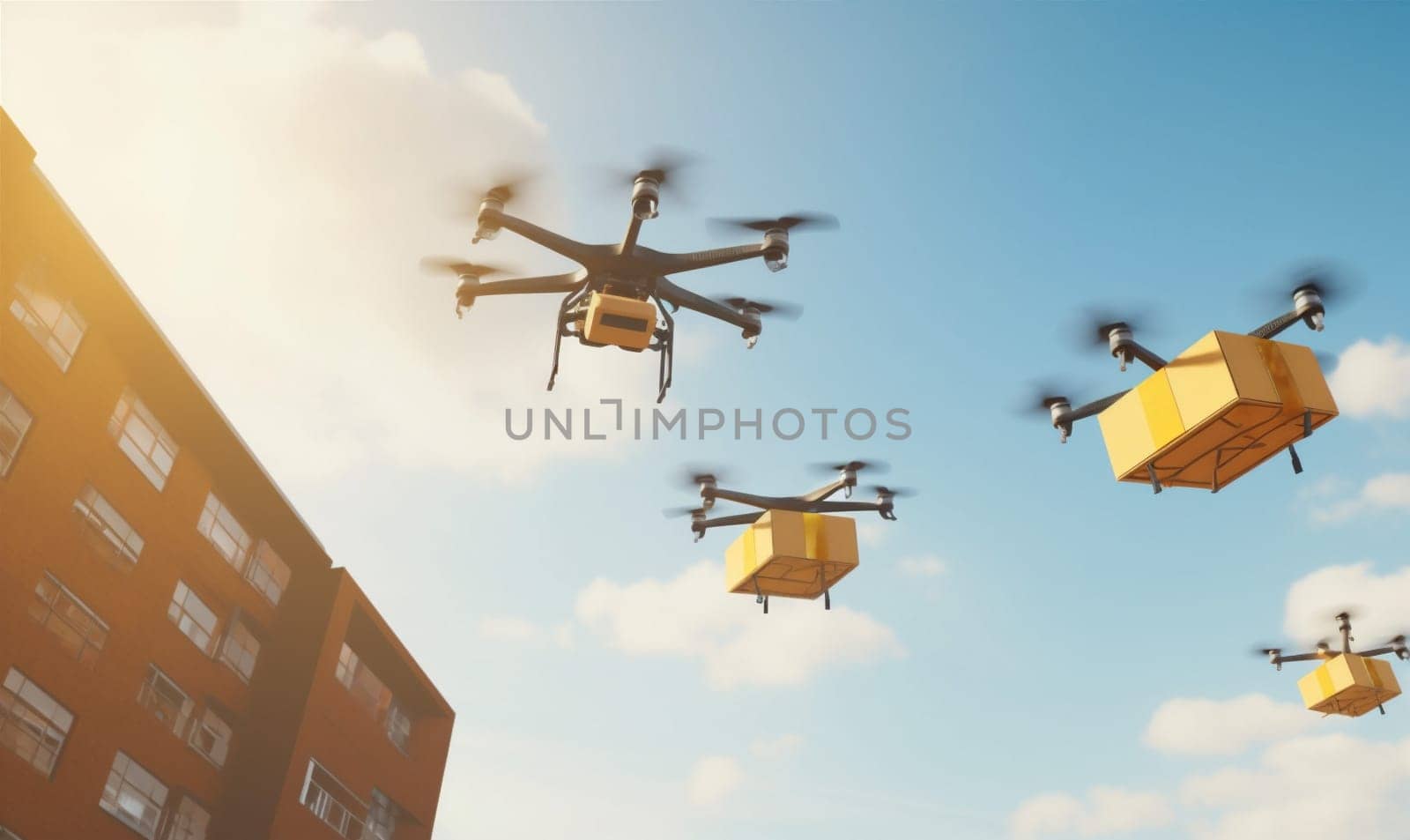 fly blue city drone cargo delivery distribution background flight aerial speed aircraft propeller fast air post transportation express blue helicopter technology. Generative AI.
