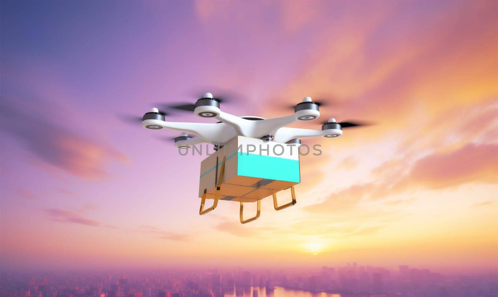 technology helicopter delivery cargo fast fly aircraft drone blue air. Generative AI. by Vichizh