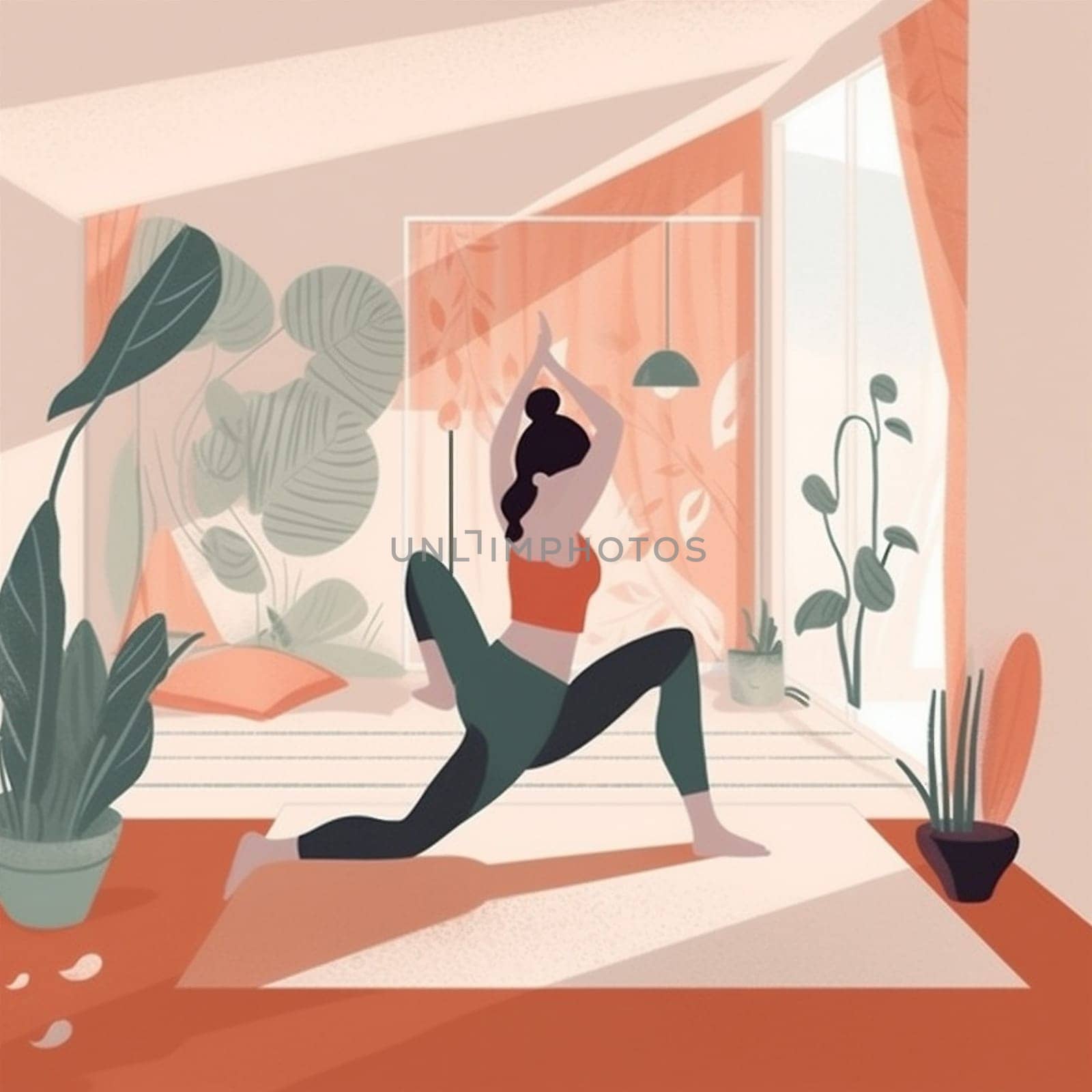 training dog woman relaxation home stretching sport person indoor healthy wellness body fitness girl yoga workout cartoon cat lifestyle health zen. Generative AI.