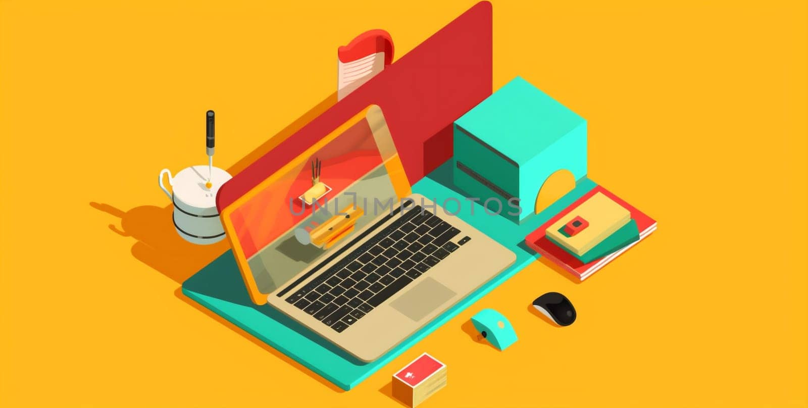 template screen technology laptop isolated desktop gadget colours equipment object desk office web background business mock yellow modern icon design computer. Generative AI.