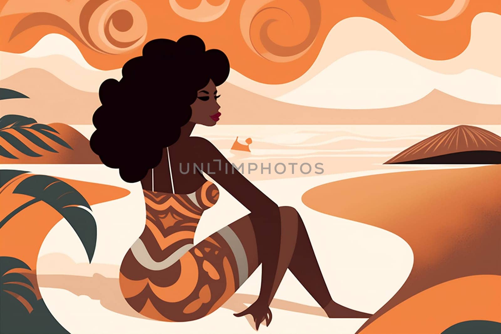 young woman graphic american hat beautiful swim banner summer tanned sexy background concept black lifestyle vacation travel model beige water african beach. Generative AI.