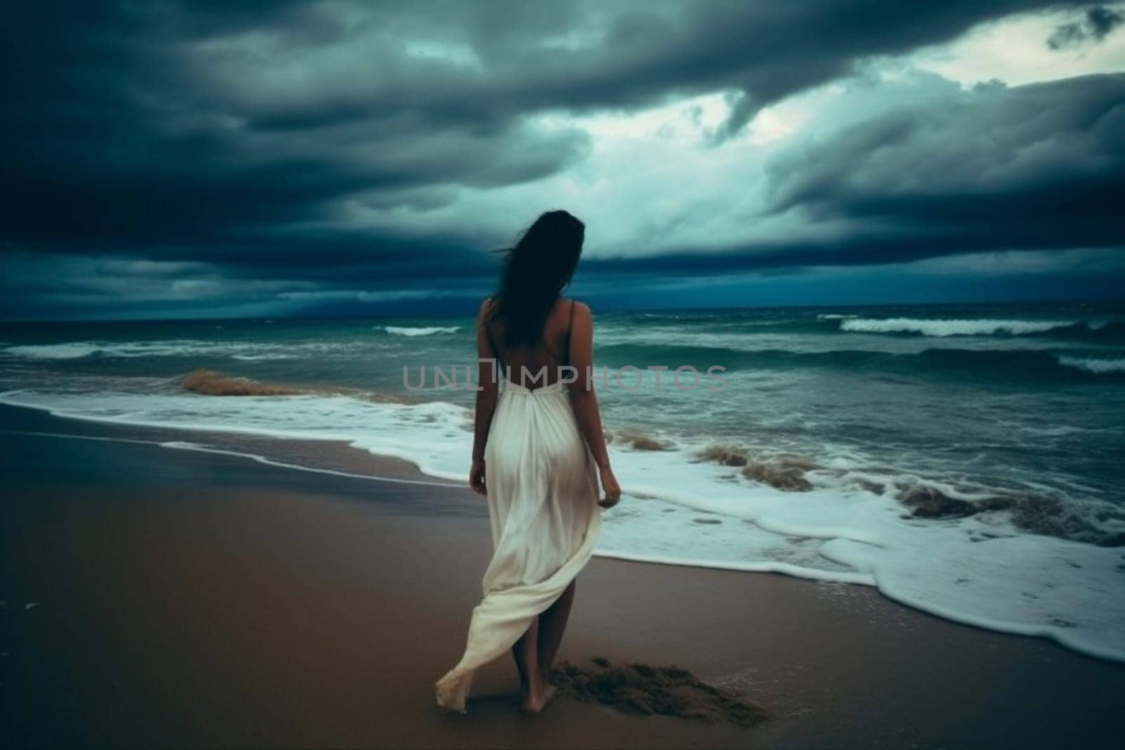 beach woman cloud storm nature dress ocean summer young sky sea. Generative AI. by Vichizh