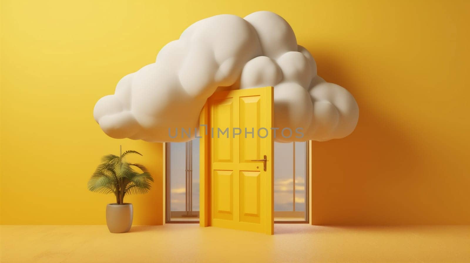 yellow minimal showcase cylinder stage pedestal door cloud abstract room. Generative AI. by Vichizh