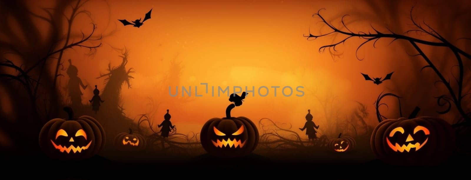orange silhouette background tree ghost night scary bat black pumpkin farm halloween holiday light horror october spooky dark grave treat. Generative AI.