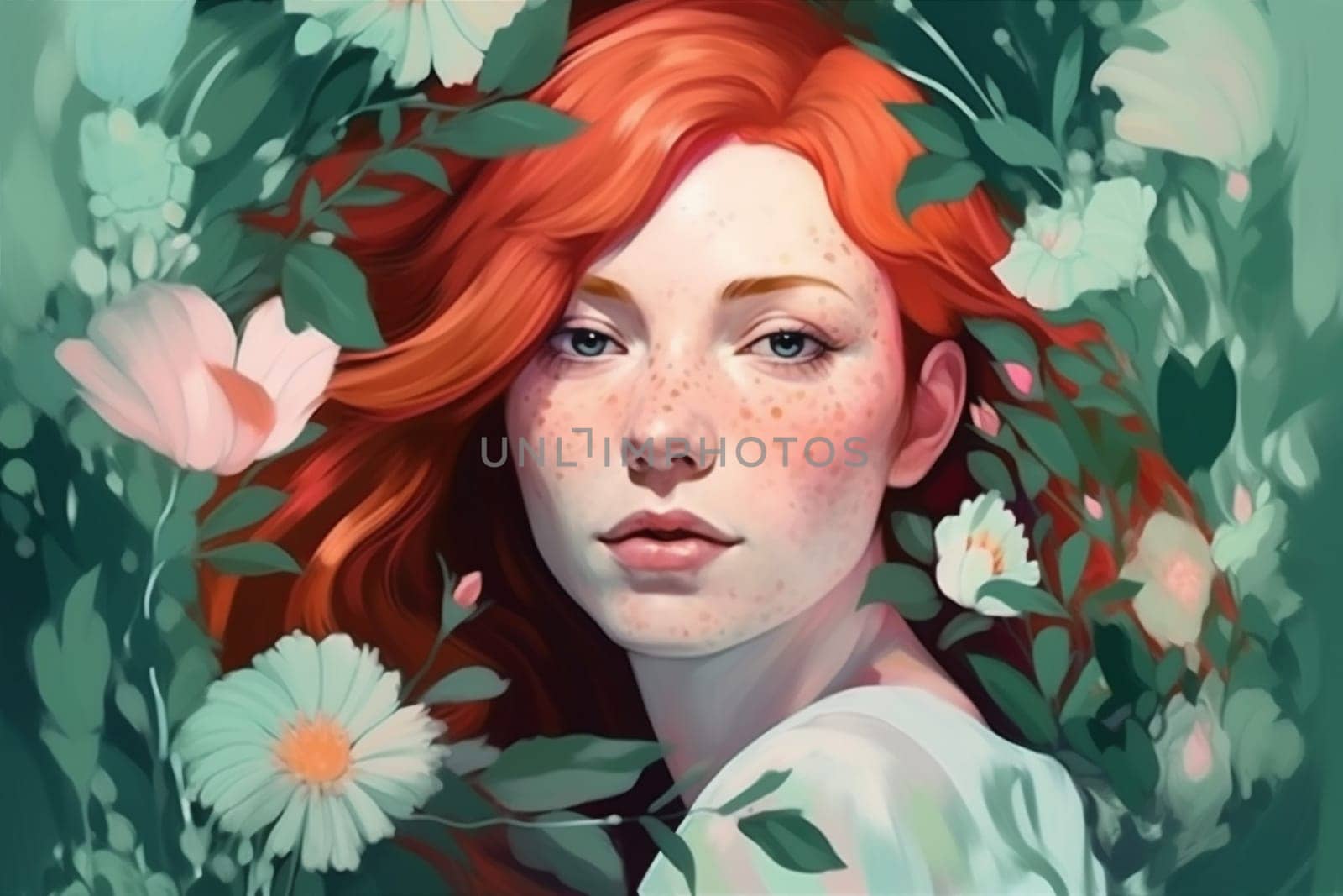 woman lady face beauty happy hair pretty colourful girl female flower bouquet ai trend vintage make-up lip portrait pastel tender art. Generative AI.