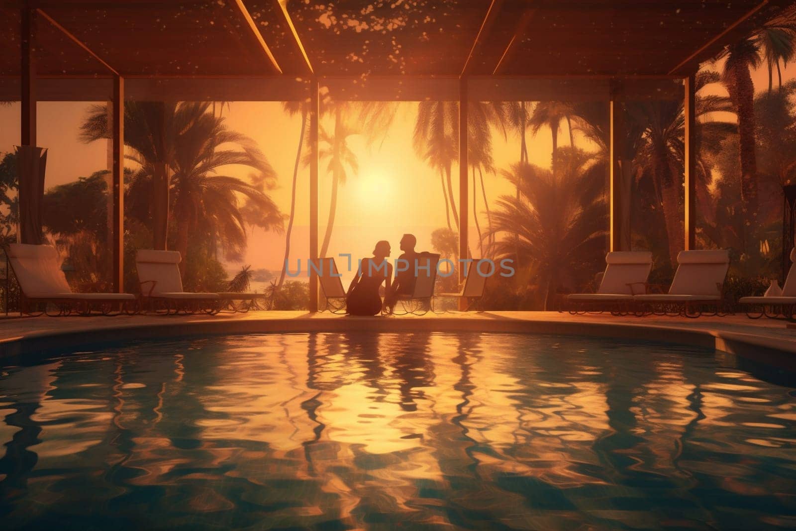 sunset romantic swimming pool vacation relax travel back couple honeymoon. Generative AI. by Vichizh