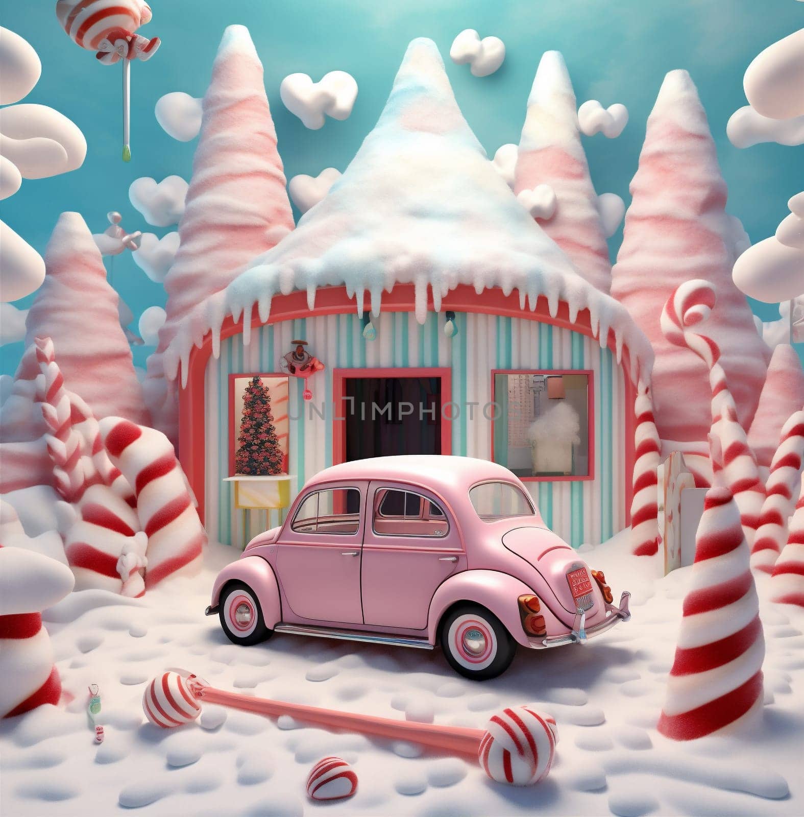 background decoration delivery snow retro winter postcard design merry cane gift festive xmas holiday small carrying christmas candy sugar car. Generative AI.