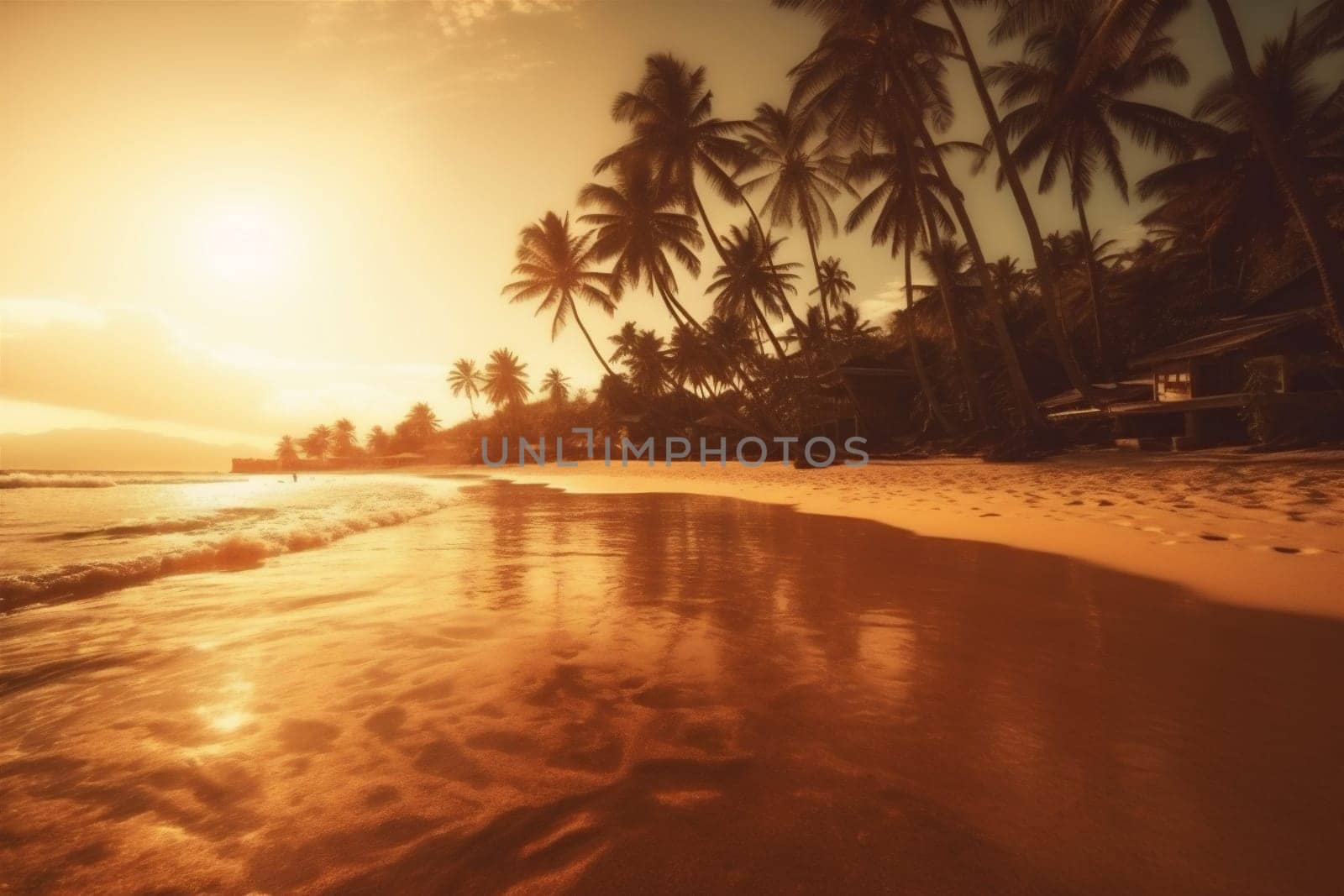 sunlight sea resort coconut landscape coast sun island sky tropic ocean beach wave beautiful sunny sunset vintage sunrise palm seascape. Generative AI.
