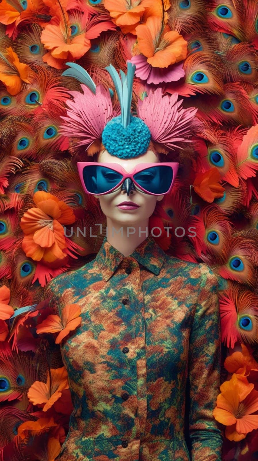 fantasy woman glamour rose bird fairy young model feathers peacock colorful beautiful animal brunette jungle hair fashion face caucasian beauty makeup. Generative AI.