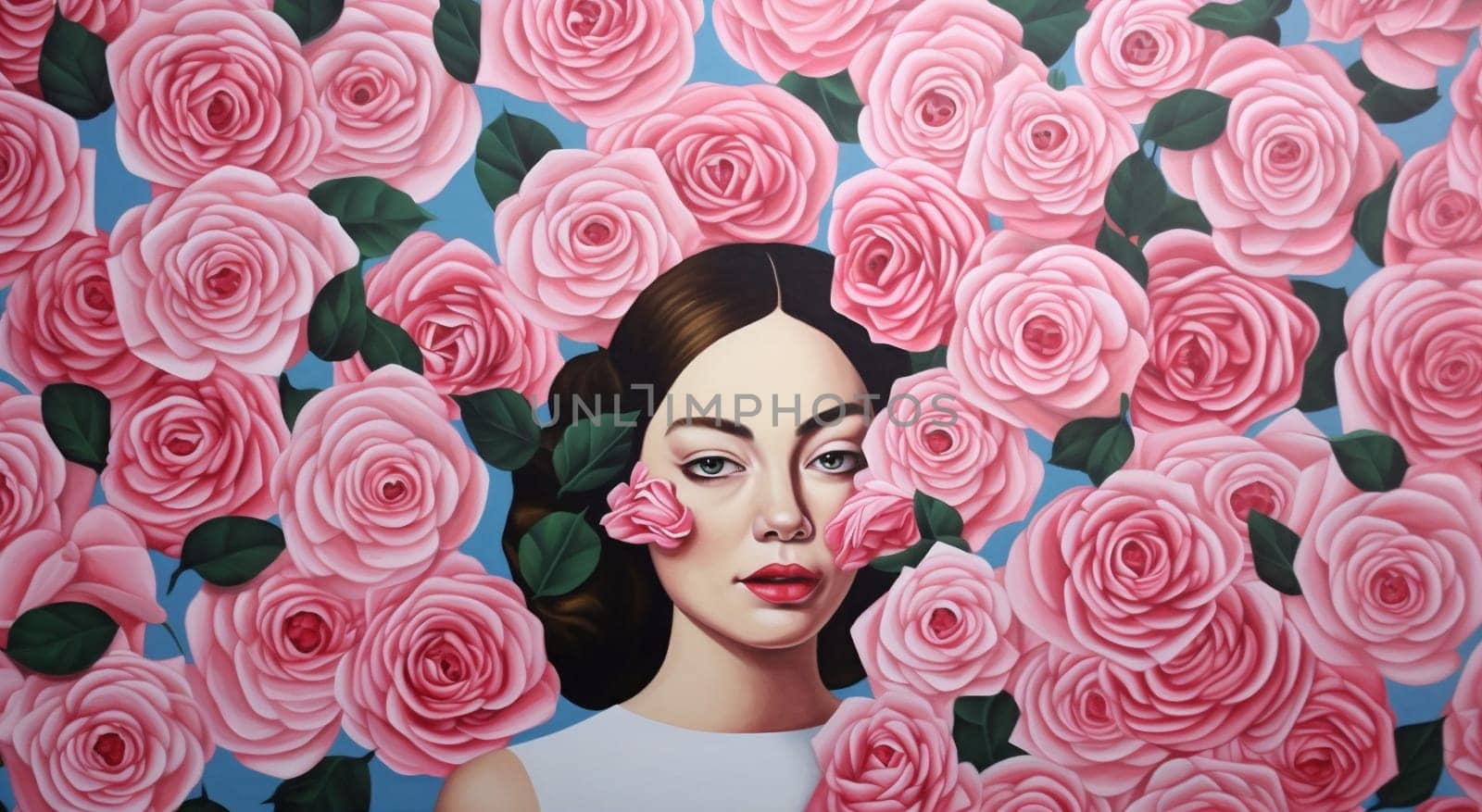 rose woman beauty nature hair face drawing female plant trendy illustration flower glamour pink art decoration lady valentine modern fashion peony. Generative AI.