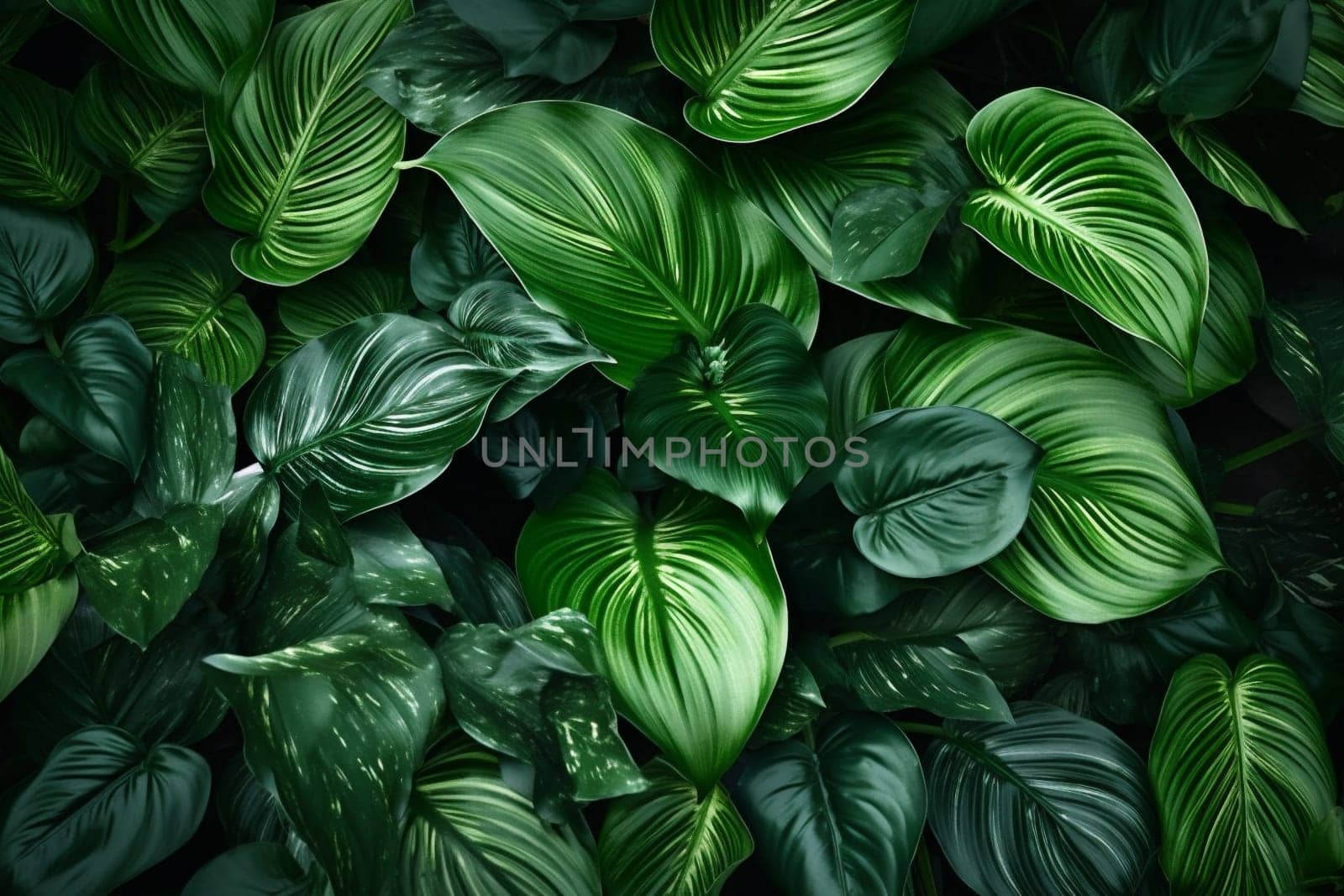jungle palm tree tropical colourful nature leaf green closeup background forest. Generative AI. by Vichizh